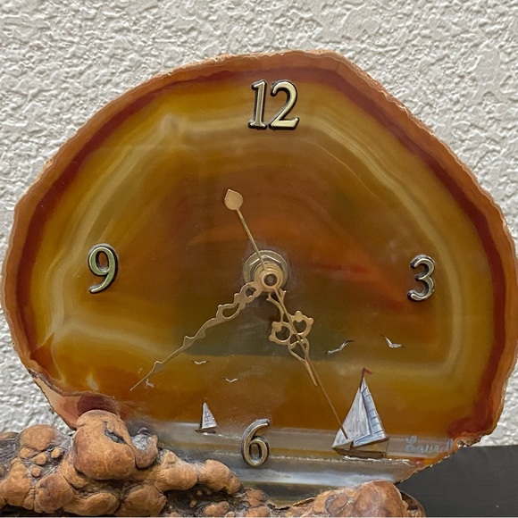 Vintage Agate Stone Decorative Agate Clock on Wood Base - Picture 2 of 14